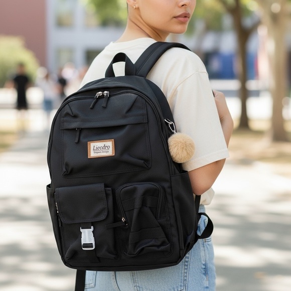 Black Men's Backpack with Pom Pom - Picture 2 of 3
